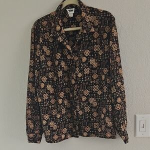 Leslie Fay Geometric Patterned Blouse in Black and Tan
